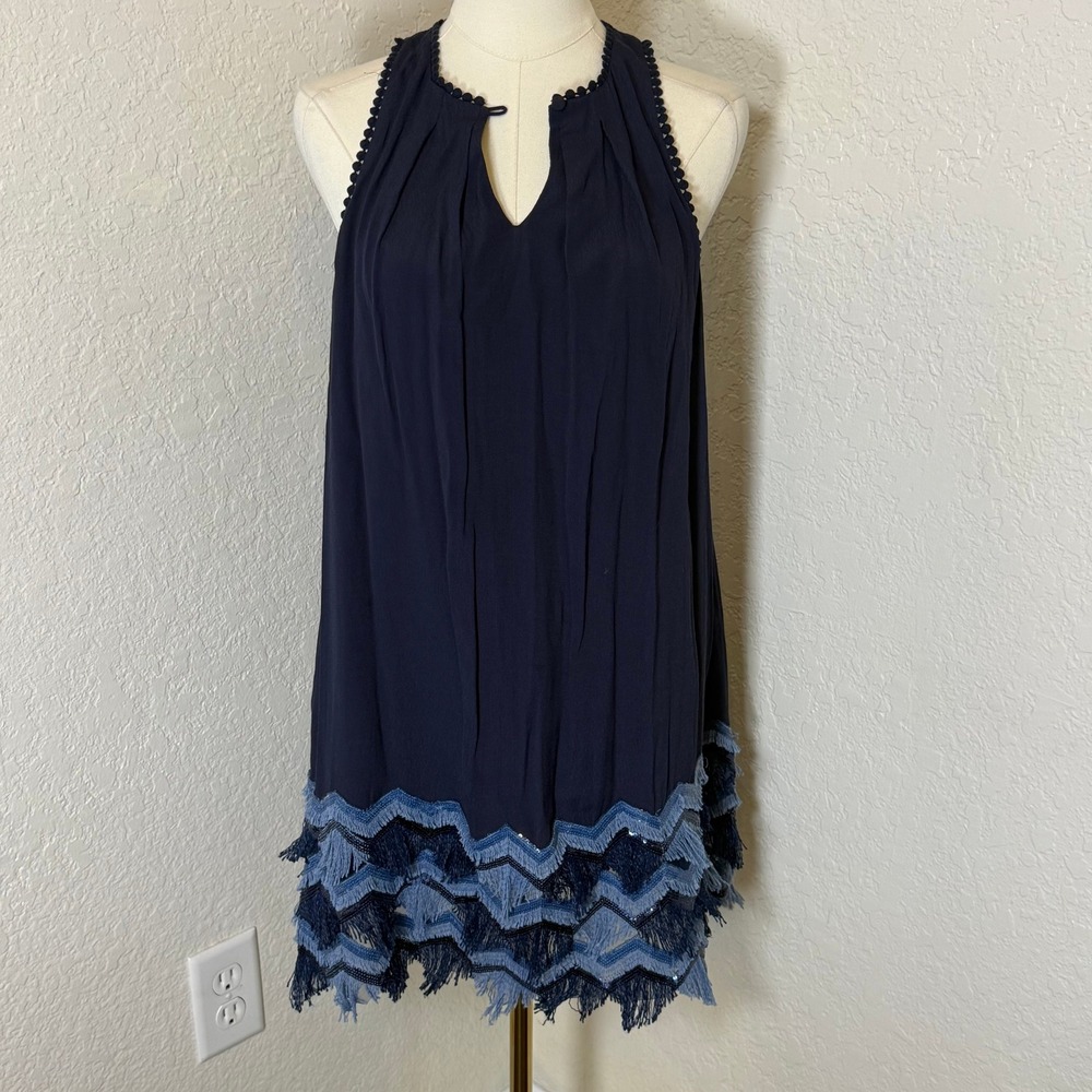 Mini Dress Maeve Anthropologie‎ Navy Fringe Sequin Chevron Boho Party Festival